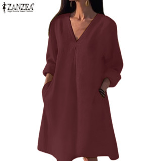 Zanzea 女士復古日常長袖 V 領口袋純色連衣裙