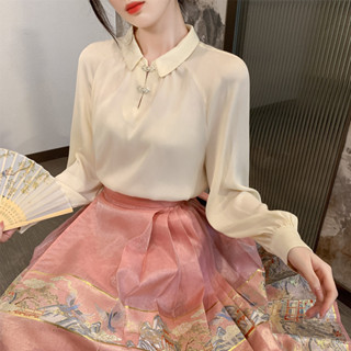 【❤️臺灣現貨】中式女裝上衣 緞面襯衫 復古盤扣 套頭小翻領 杏色襯衫 新中式襯衫 甜美 燈籠袖雪紡上衣 國風上衣