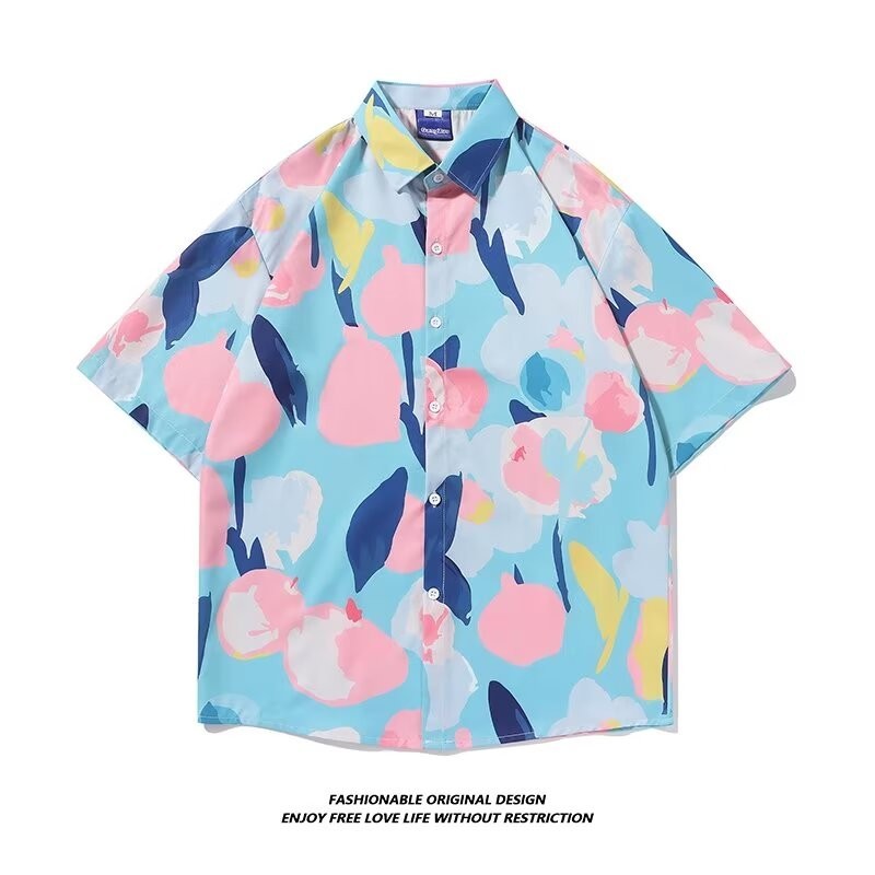 M-3xl 夏季日式男士時尚復古粉色設計鈕扣夏威夷襯衫翻領休閒花襯衫中性藍色