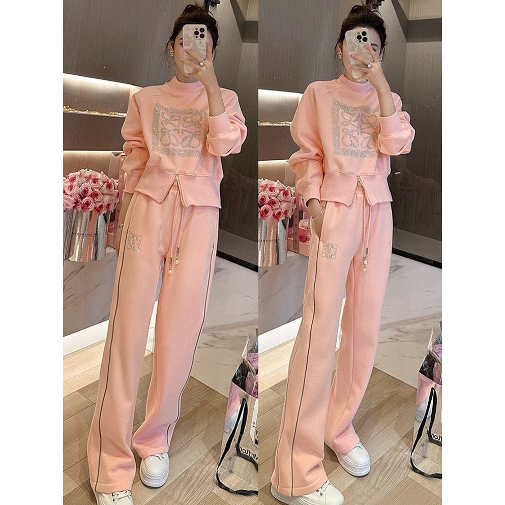 運動服套裝女秋冬新款韓系減齡休閒刷毛大學T寬褲兩件套洋氣 （fashion wardrobe）