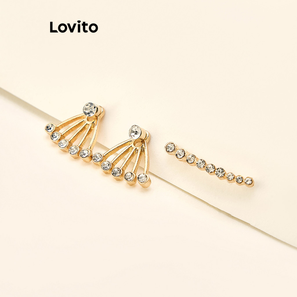 Lovito 女士休閒素色珍珠水鑽金屬耳環 LCS03048