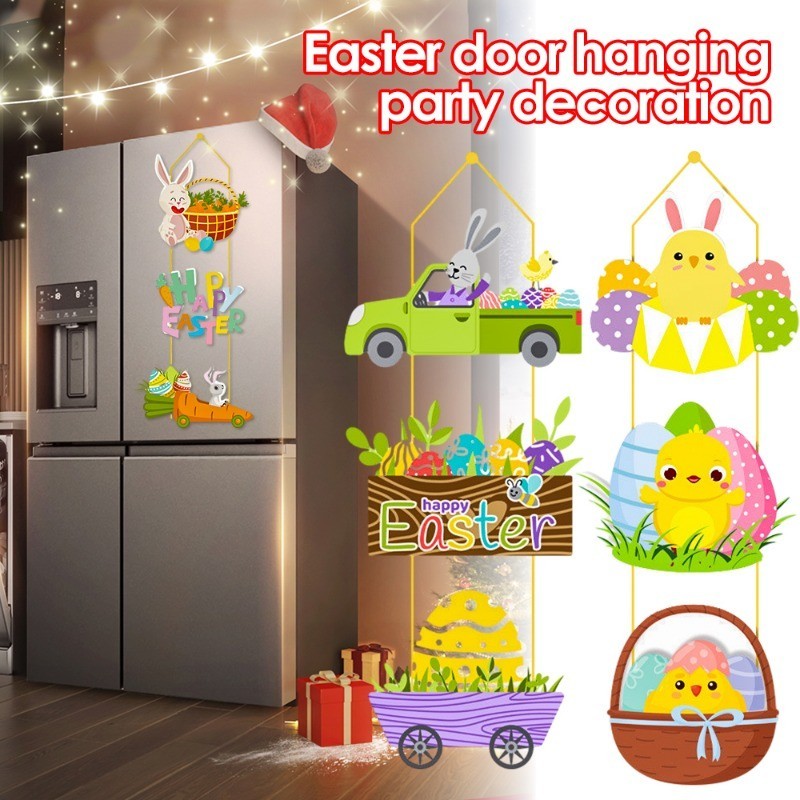 復活節派對裝飾門衣架 - 入口 DIY 紙吊墜 - 家庭節日裝飾品 - 非打孔吊墜 - 兔子、雞蛋和雞肉派對的裝飾道具