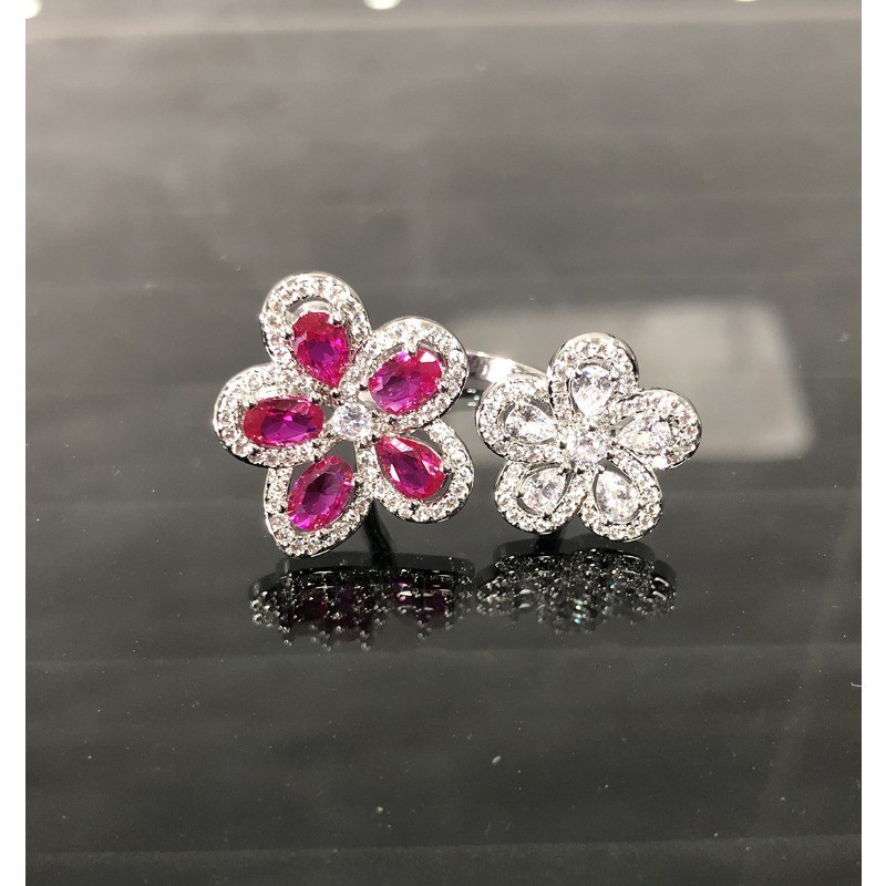 繽紛璀璨緋紅寶石戒指女 鍍18K金花朵葡萄紫鋯石閃鑽花朵指環開口