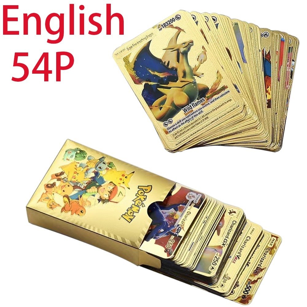 24 小時交貨 54 件西班牙口袋妖怪卡片金色金屬噴火龍盒 Vmax Gx 收藏金色字母遊戲盒玩具 O55D