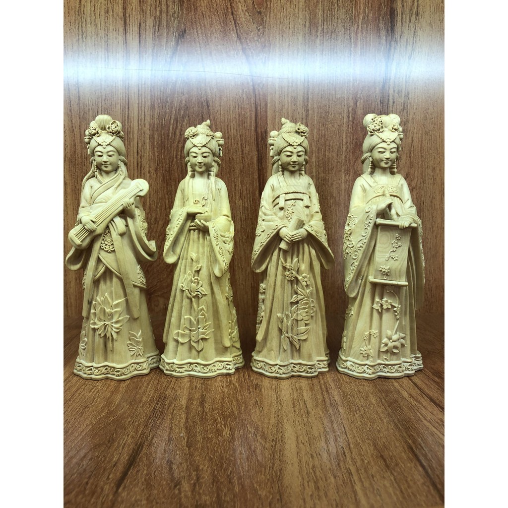 小葉黃楊木雕古典四大美女才女琴棋書畫人物擺件家居客廳實木裝飾