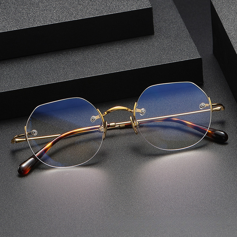 【Ti鈦眼鏡】無框眼鏡女ZY008純鈦眼鏡框 多邊形高品質ip電鍍 可配近視眼鏡框