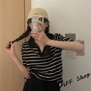 【現貨速發】 【DIFF】韓版慵懶風寬鬆條紋V領短袖上衣 短袖t恤 女裝 顯瘦上衣 衣服 寬鬆上衣 素T【T397】