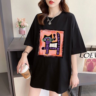 夏季卡通貓咪趣味印花圓領女短袖t恤韓版設計寬鬆上衣instagram時尚