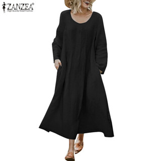Zanzea 女士復古純色口袋長袖圓領條紋連衣裙