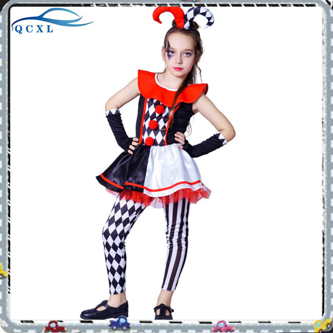 98%滌+2%氨綸兒童女格子小丑萬聖節服裝惡魔角裙演出服cosplay