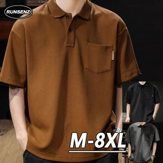 M-8XL 韓系基本款工裝Polo衫男 復古簡約寬鬆口袋工作上衣 夏季休閒短袖T恤 翻領五分袖 男生加大尺碼