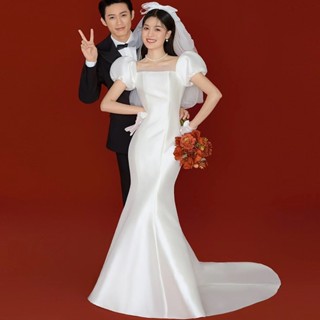 韓系輕婚紗新娘緞面領證登記小禮服氣質簡約白色緊身顯瘦魚尾裙女新款