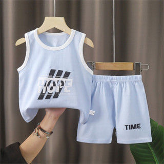 QINN 嬰兒兒童男孩 100% 純棉夏季無袖服裝套裝恐龍男嬰衣服套裝可愛印花上衣背心背心 T 恤短褲兒童男孩女孩時尚服