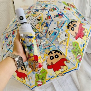 √透明雨傘√現貨 蠟筆小新雨傘透明卡通雨傘便攜三折傘 全自動 網紅直柄傘可愛 摺疊 傘