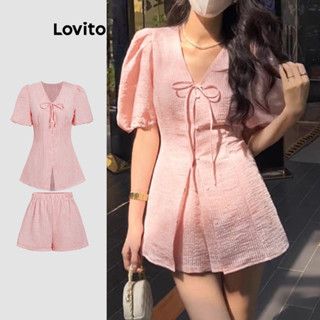 Lovito 女士優雅短褲套裝夏季抽繩羈扣上衣或下裝 L120ED425