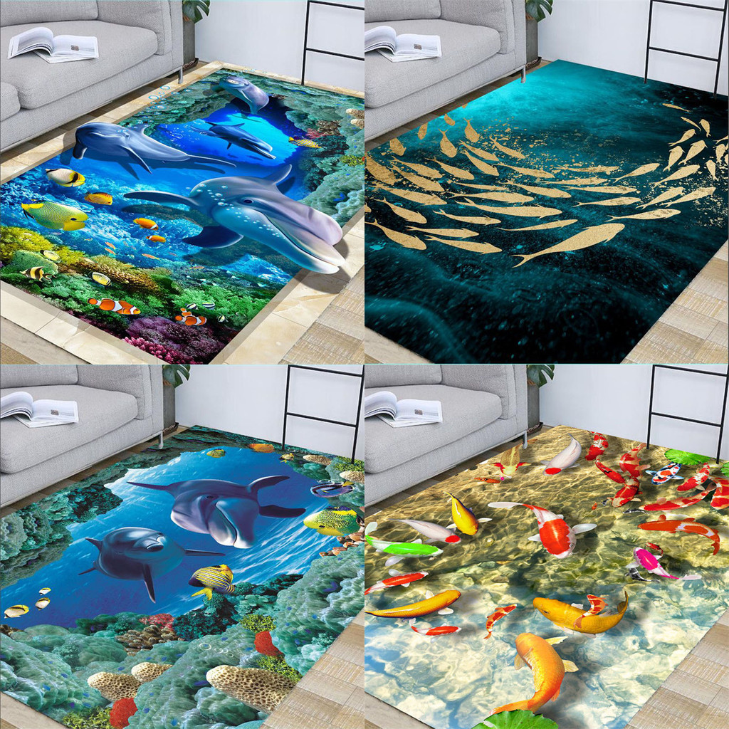 3d海洋海豚魚紋地墊客廳臥室防水地毯軟沙發80*120cm 80*160cm 50*80cm 40*60cm