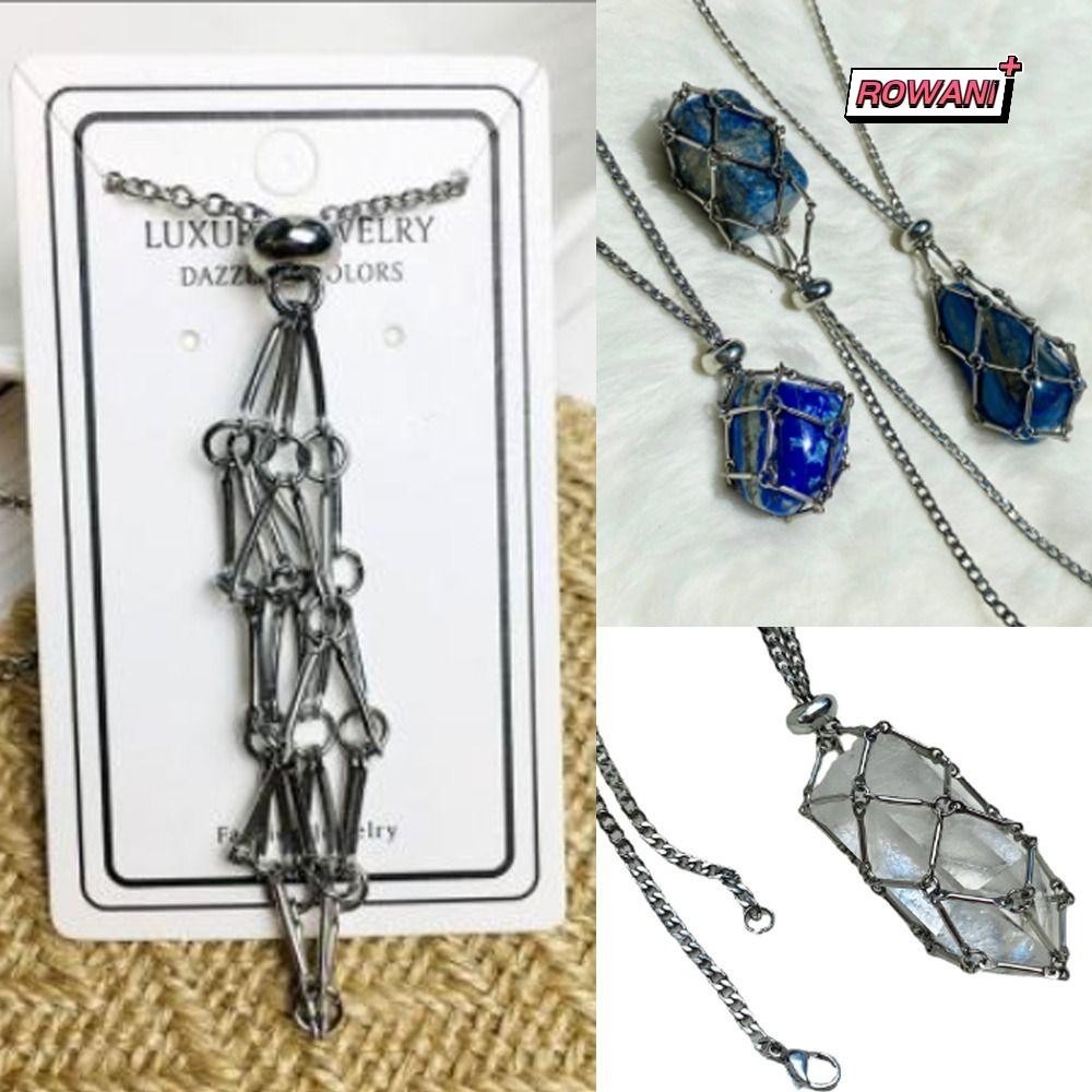 ROWAN1水晶夾籠項鍊,銅銀色水晶網金屬項鍊,創意禮品金色黑色項鍊配件石頭持有人項鍊女人男人