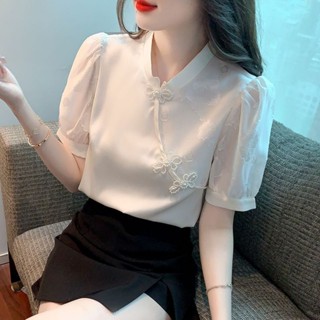 名媛風上衣女|高檔提花上衣|夏季白色雪紡襯衫|中國風女裝夏裝|新中式旗袍上衣|新款短袖襯衫|氣質打底衫 JCL服飾