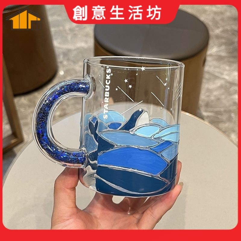 【創意生活】✨✨星巴克水杯 韓國藍色海洋鯨魚玻璃杯 大容量透明帶把手男女耐熱咖啡水杯