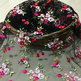 現貨 布料 材質 蕾絲繡花布材質多色刺繡花服裝彩色網布滌綸絲小花朵洋裝布料