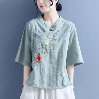民族風大碼棉麻襯衫女春夏新款中式立領盤扣上衣斜襟綉花茶服|大尺碼100公斤上衣|韓版寬鬆上衣|氣質ins潮上衣