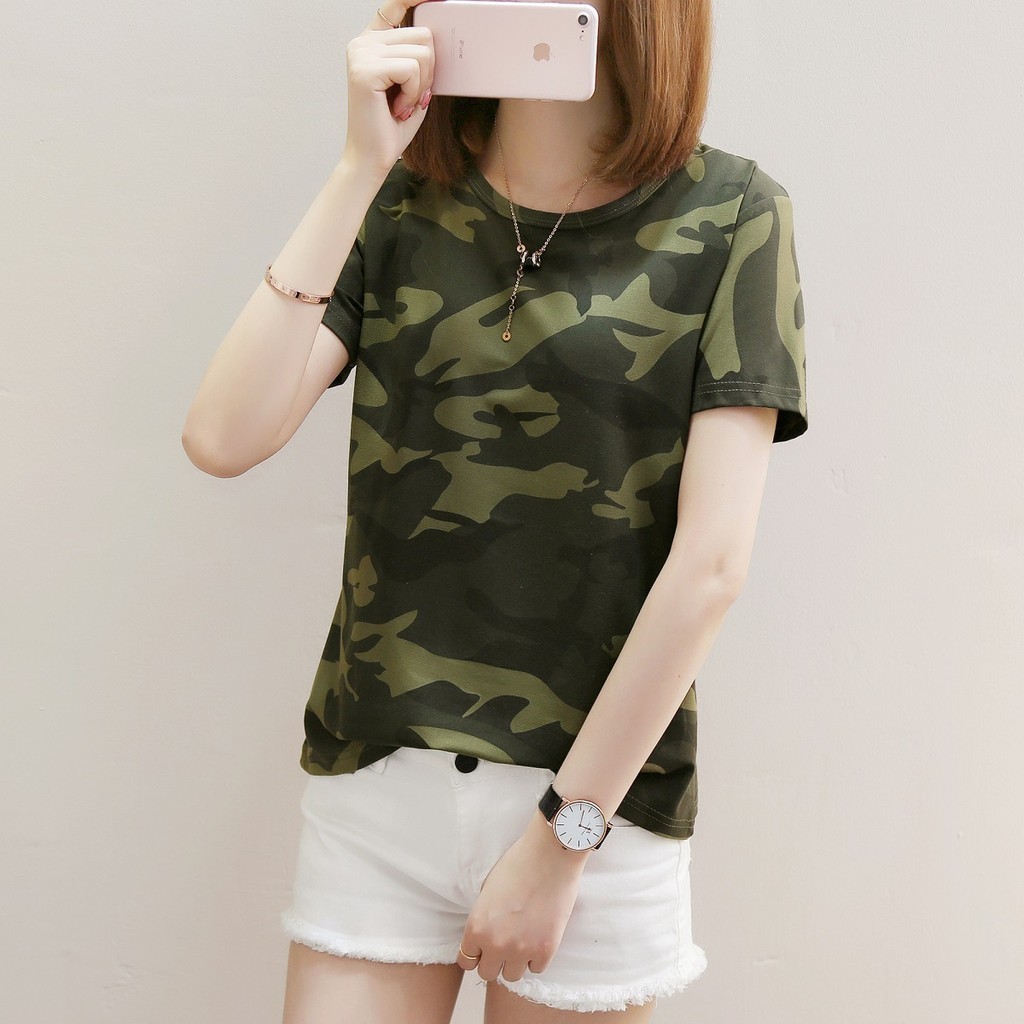 G2UG 夏季韓版女裝夏季潮流復古迷彩服印花上衣短袖T恤女外穿