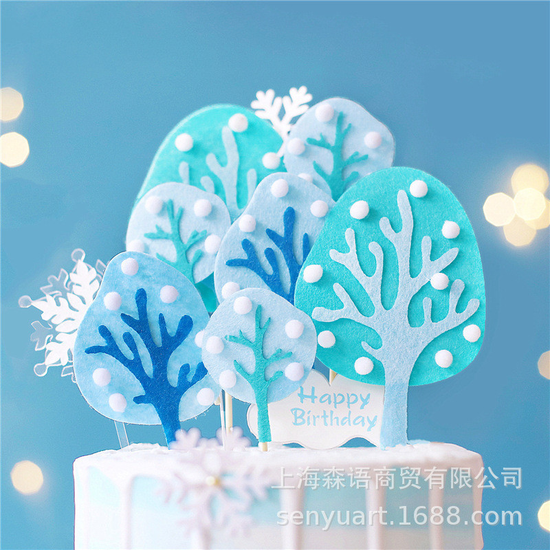 新年烘焙蛋糕裝飾藍白色冬天森系毛氈樹木蛋糕插牌插件