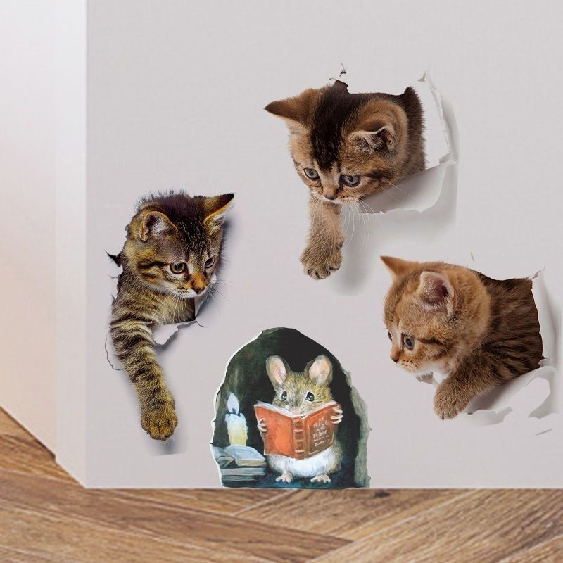 家居裝飾牆貼立體3D視覺創意貼紙可愛仿真貓咪小老鼠房間牆角落裝飾品自粘壁畫