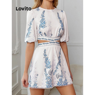 Lovito 女士優雅花卉荷葉邊布料拼接洋裝 LBL07190
