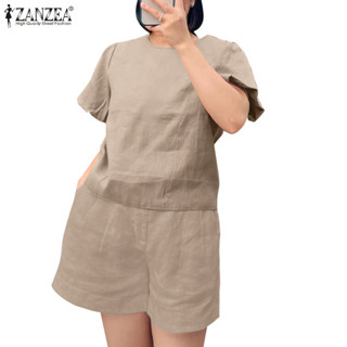 Zanzea 女式韓版圓領短袖鬆緊袖口褶襉上衣短褲