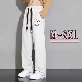 🔥48H出貨 M-8XL 時尚小熊logo休閒褲男 大尺碼直筒褲 寬鬆闊腿運動褲 慵懶風白色長褲 男生加大尺碼鬆緊腰褲