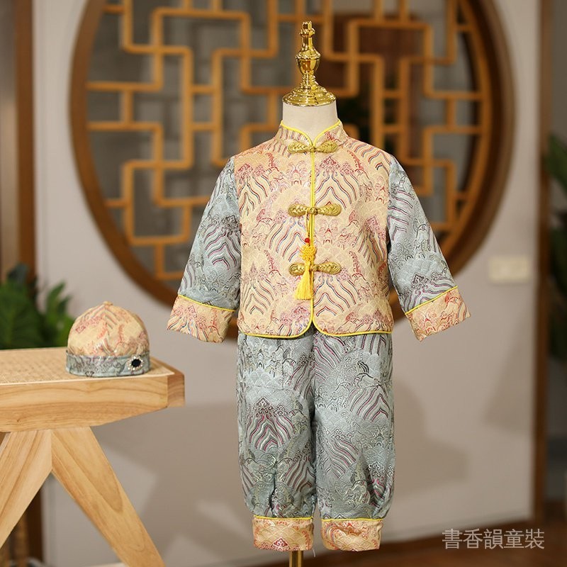 兒童唐裝套裝復古男童禮服中國風抓周寶寶禮服一週歲男寶生日服裝