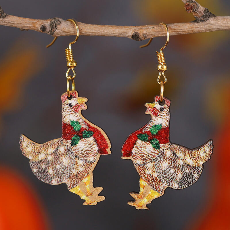 女士時尚可愛聖誕圍巾彩色燈籠雞雙面木製動物造型耳環首飾