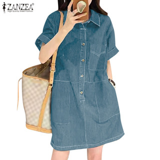 Zanzea 女式韓版休閒時尚口袋短袖襯衫領連衣裙