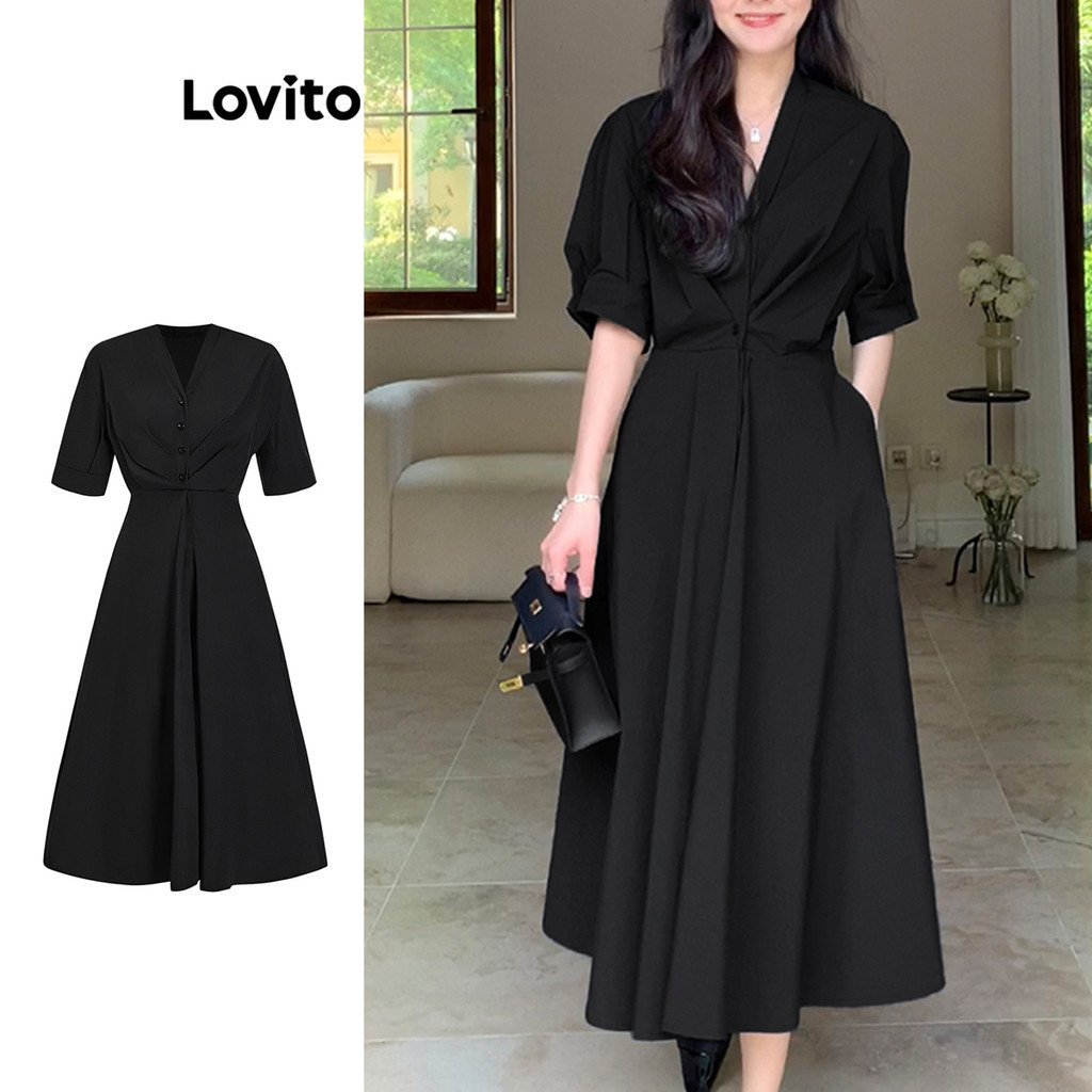 Lovito 女款休閒素色羈扣連身裙 L70AD090 (黑色)