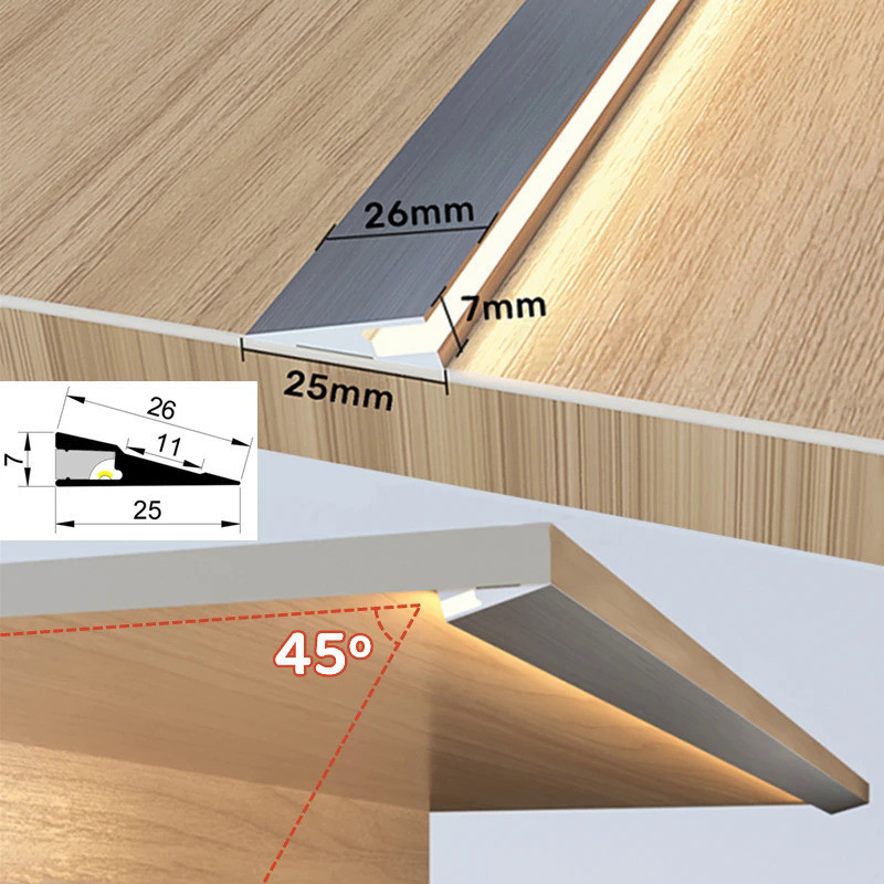 隱形h7mm LED斜光束鋁型材明裝超薄櫥櫃層邊架面板硬條燈條