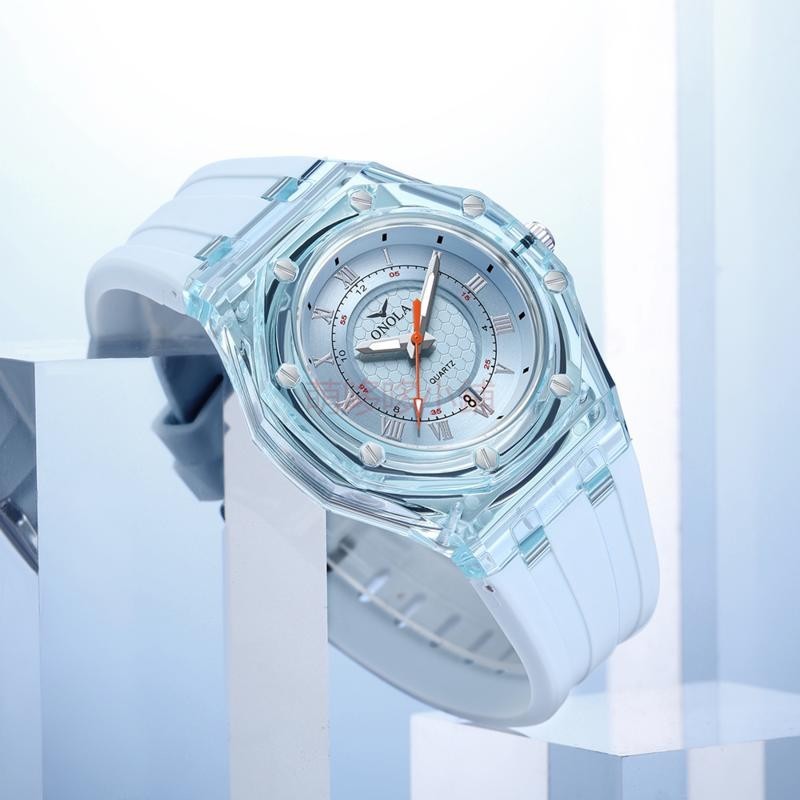 【萌哆哆】時尚情侶中性手錶學生ONOLA/奧駱納透明殼矽膠帶防水石英手錶