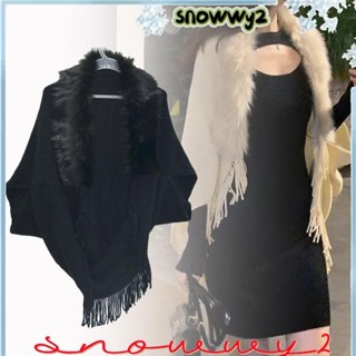 SNOWWY2針織披肩,針織流蘇冬季溫暖人造皮草衣領,厚毛絨圍巾
