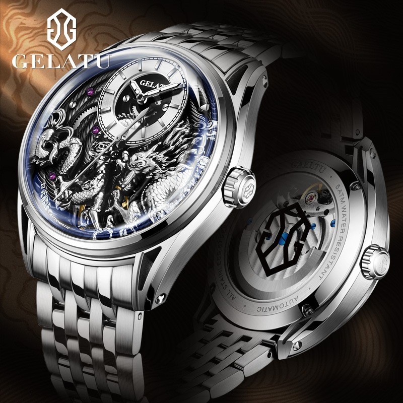 GELATU  6018 新款 時尚 高品質 機械錶 透視龍表 防水 男士手錶(送精美表盒）