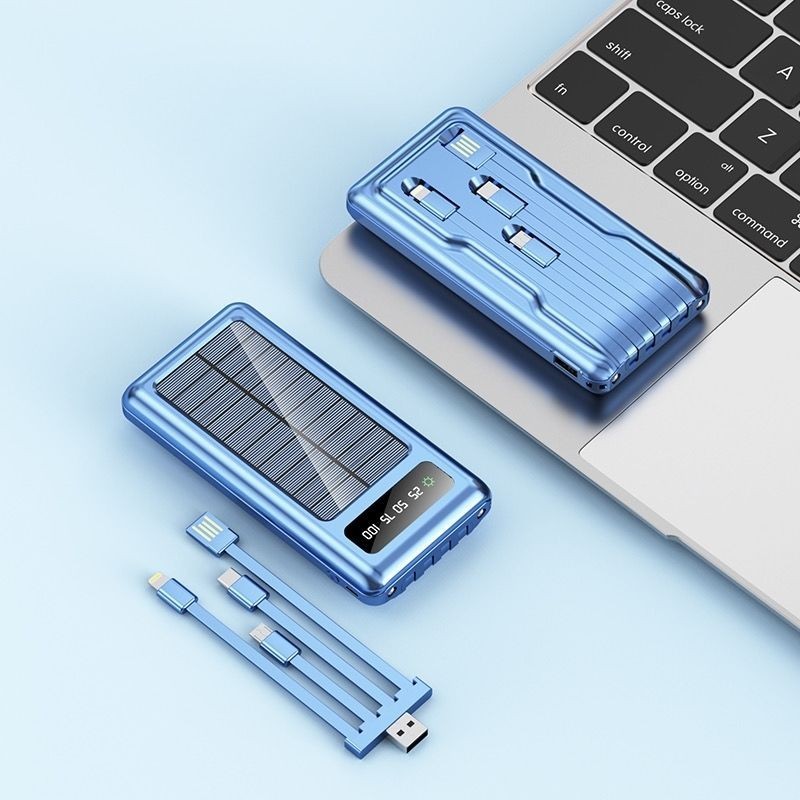太陽能充電寶超薄20000毫安自帶線蘋果華為安卓通用戶外移動電源
