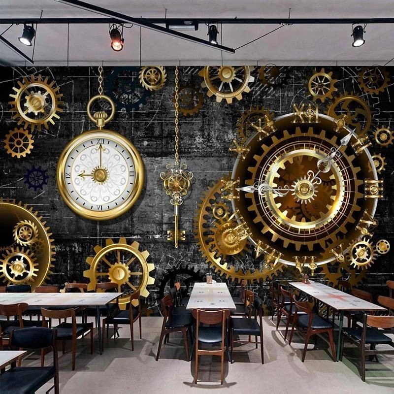 定制美式金齒輪時鐘照片牆紙ktv酒吧主題餐廳背景3d壁畫牆紙家居裝飾貼紙
