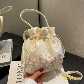 【臺灣出貨】 古風包包 包包女 包包女外出 中國風古風漢服配飾包袋手工蕾絲繡花布藝單肩斜挎手提手提水桶包