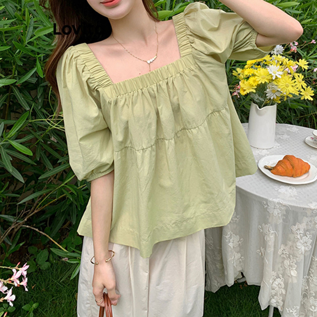 Lovito 女士休閒素色褶飾方領襯衫 LNE19121（綠色）