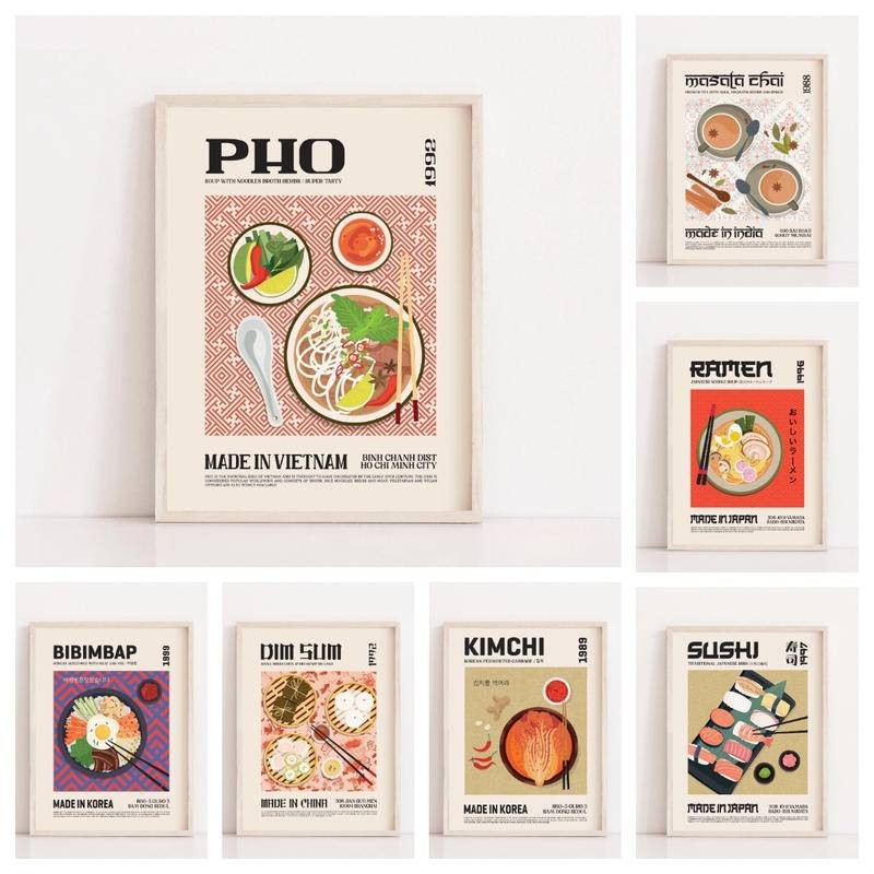 亞洲美食廚房海報帆布印刷 BIBIMBAP DIM SUM MASALA CHAI KIMSHI PHO 拉麵壽司牆藝術