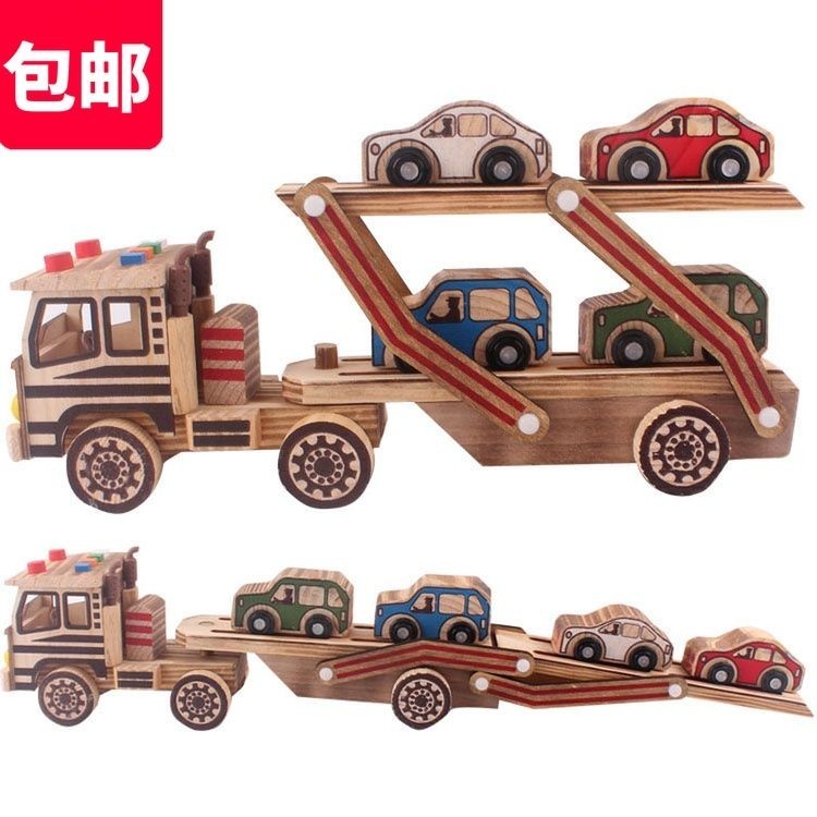 立體運輸車大卡車模型雙層車模型木製車玩具擺件木頭汽車玩具