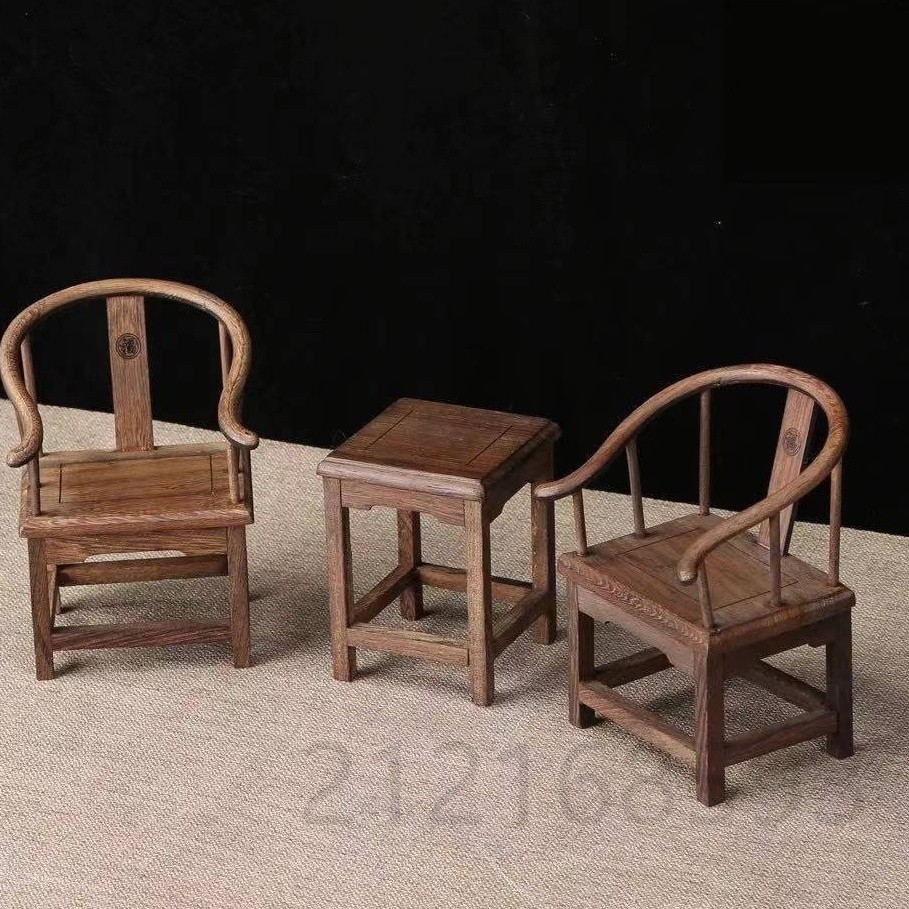 🔥台灣出貨-免運🔥一組三件~紅木雕刻太師椅工藝品擺件明清微縮家具模型雞翅木圈椅 微型小家具 #QCU6