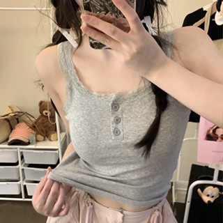吊帶女生 帶胸墊 短版上衣 棉質 辣妹純慾風 性感蕾絲花邊 修身顯瘦 美背背心 打底內搭 大U領口 透氣舒適