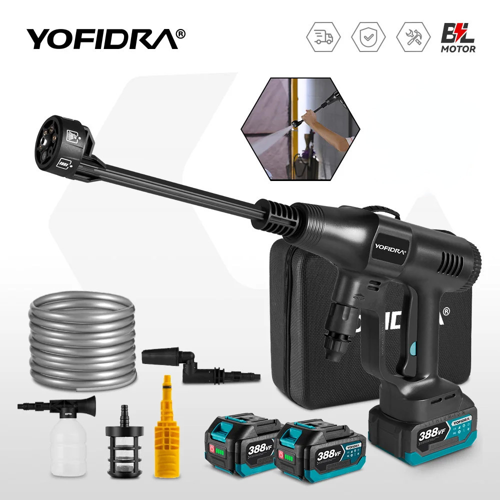 Yofidra 200Bar 無刷高壓洗車槍 6 合 1 電動花園洗車水洗噴槍適用於牧田 18V 電池