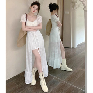 芭蕾風白色洋裝女夏季氣質抽繩方領荷葉邊裙子高階感泡泡袖長裙