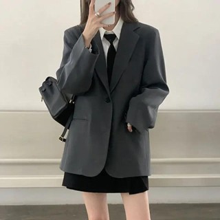 女大衣和夾克灰色服裝寬鬆純色外套優雅青年 2023 新品女式西裝外套 Chic Elegant in New